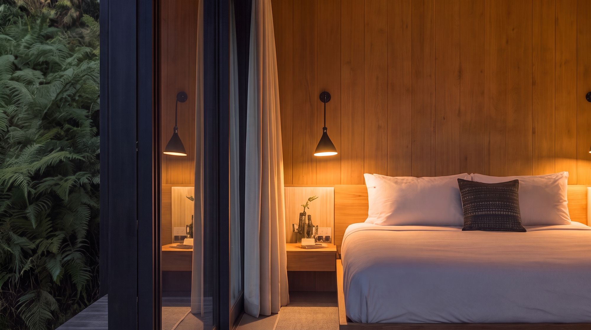 La suite — lin lavé, bois blond et lampes de laiton