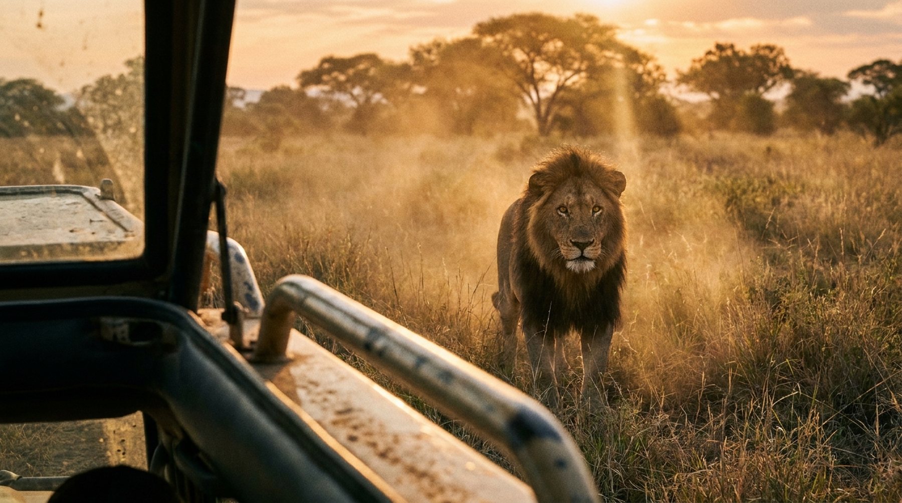 Depuis le siège d’un 4×4 ouvert au lever du soleil : la barre d’appui, la poussière dans la lumière, et un lion à mâne sombre qui s’avance dans l’herbe.