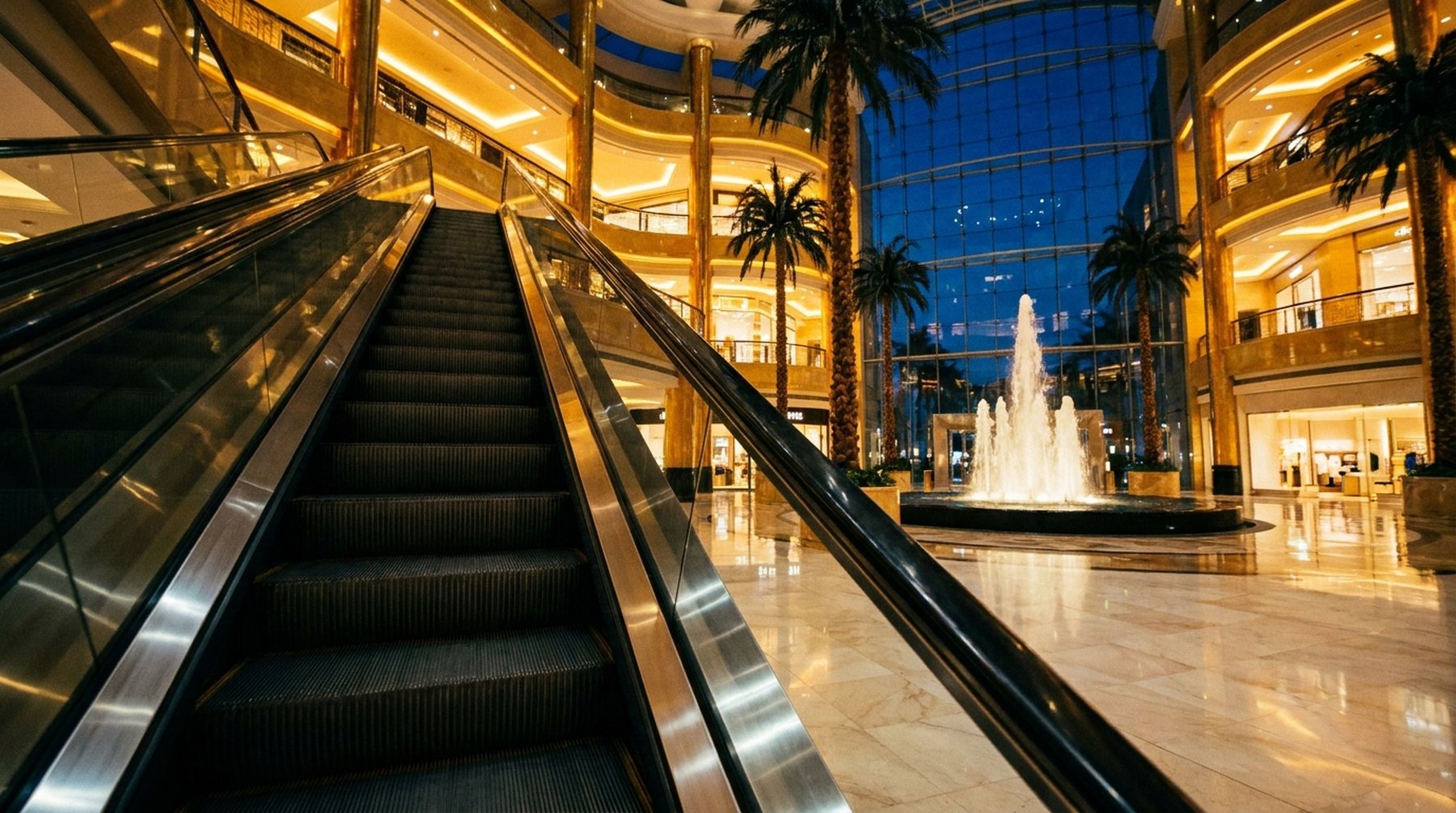 Un centre commercial de Dubaï la nuit, vu depuis l'escalator : palmiers, lumière dorée, la fontaine derrière la verrière.