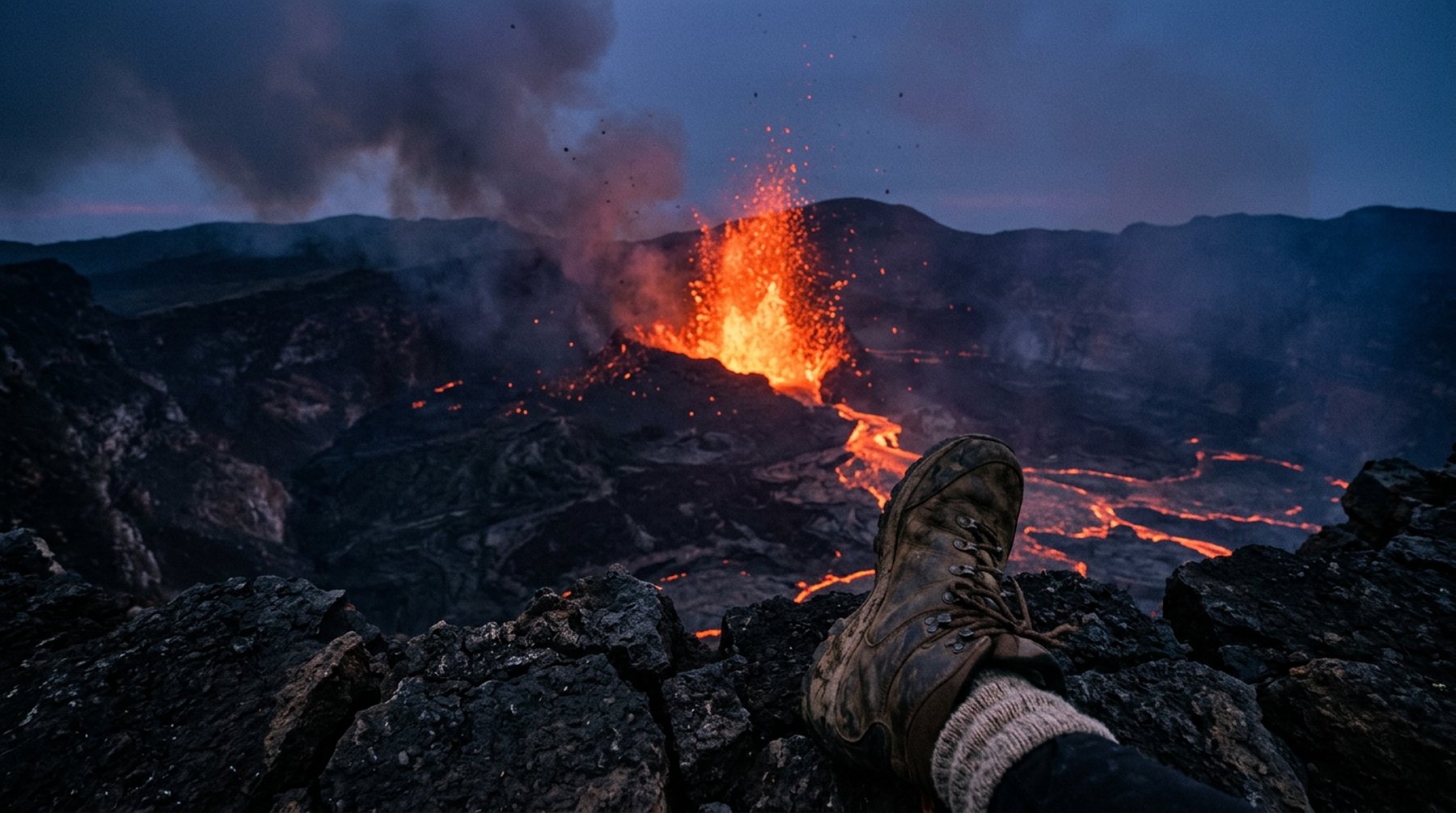 Au bord du cratère au crépuscule : une chaussure de marche sur le basalte noir, une fontaine de lave orange et des coulées incandescentes.